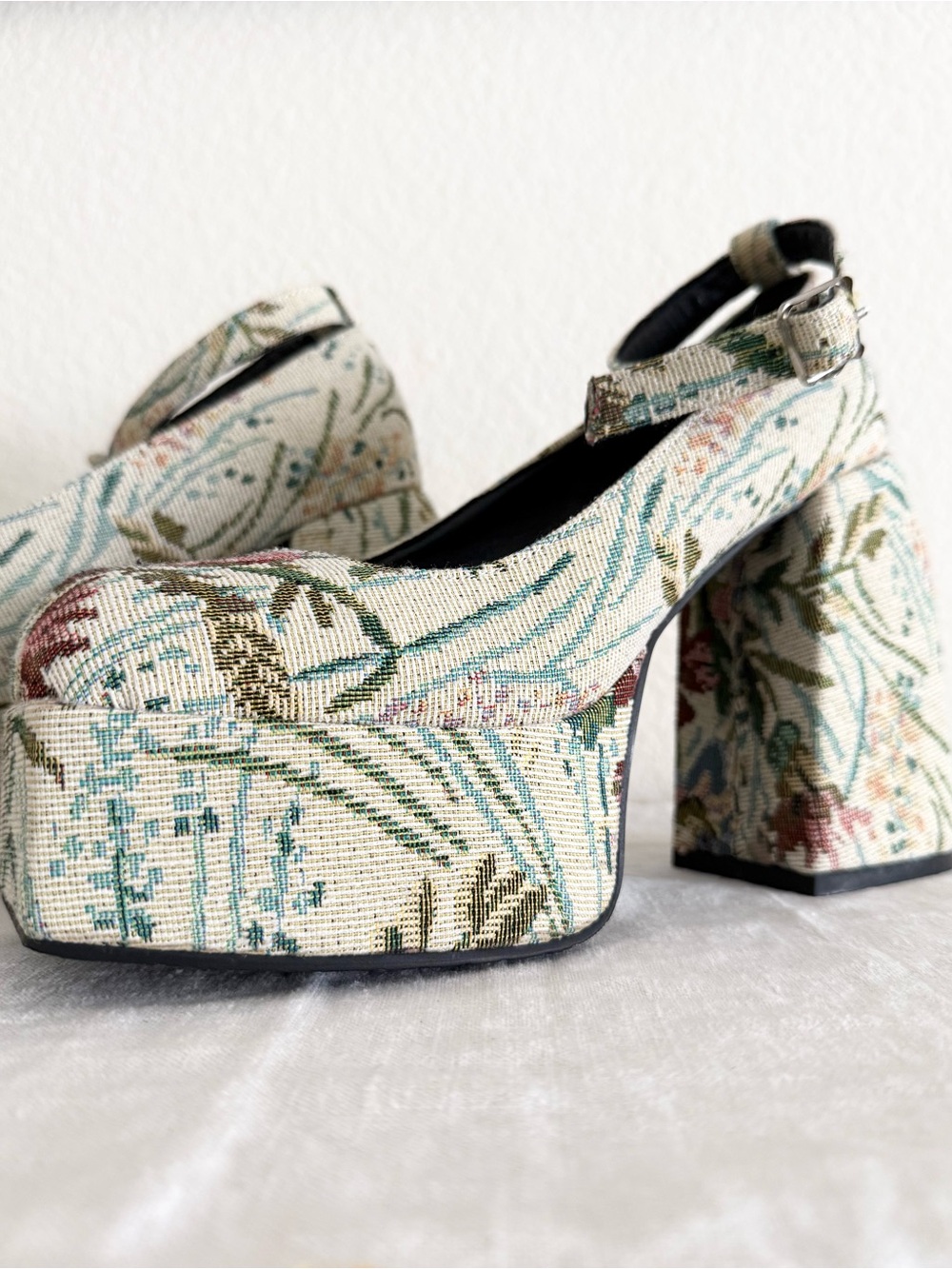 🌸 grandma couch floral tapestry inspired chunky block platform shoes
